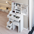 29.2' Small Size Left Drawer Desktop Vanity Table + Cushioned Stool, Large Sliding, Touch Control, Tri-color Switching, Brightness Adjust LED Mirror, High Capacity Storage, Suitable for Small Space