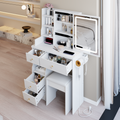 29.2' Small Size Left Drawer Desktop Vanity Table + Cushioned Stool, 2 AC+2 USB Power Station, Hair dryer bracket, Extra Large Touch Control Sliding LED Mirror, Tri-color Switching, Brightness Adjust