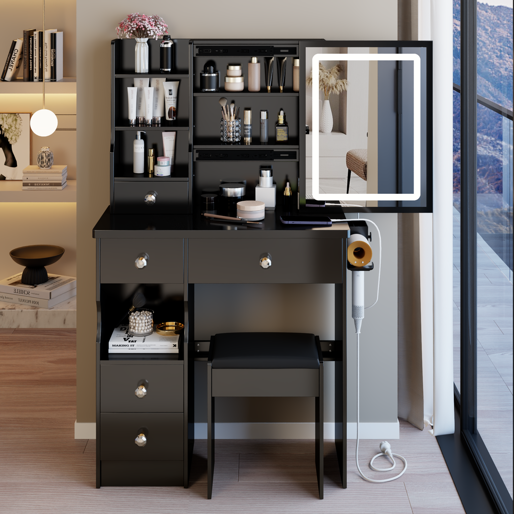 29.2' Small Size Left Drawer Desktop Vanity Table + Cushioned Stool, 2 AC+2 USB Power Station, Hair dryer bracket, Extra Large Touch Control Sliding LED Mirror, Tri-color Switching, Brightness Adjust