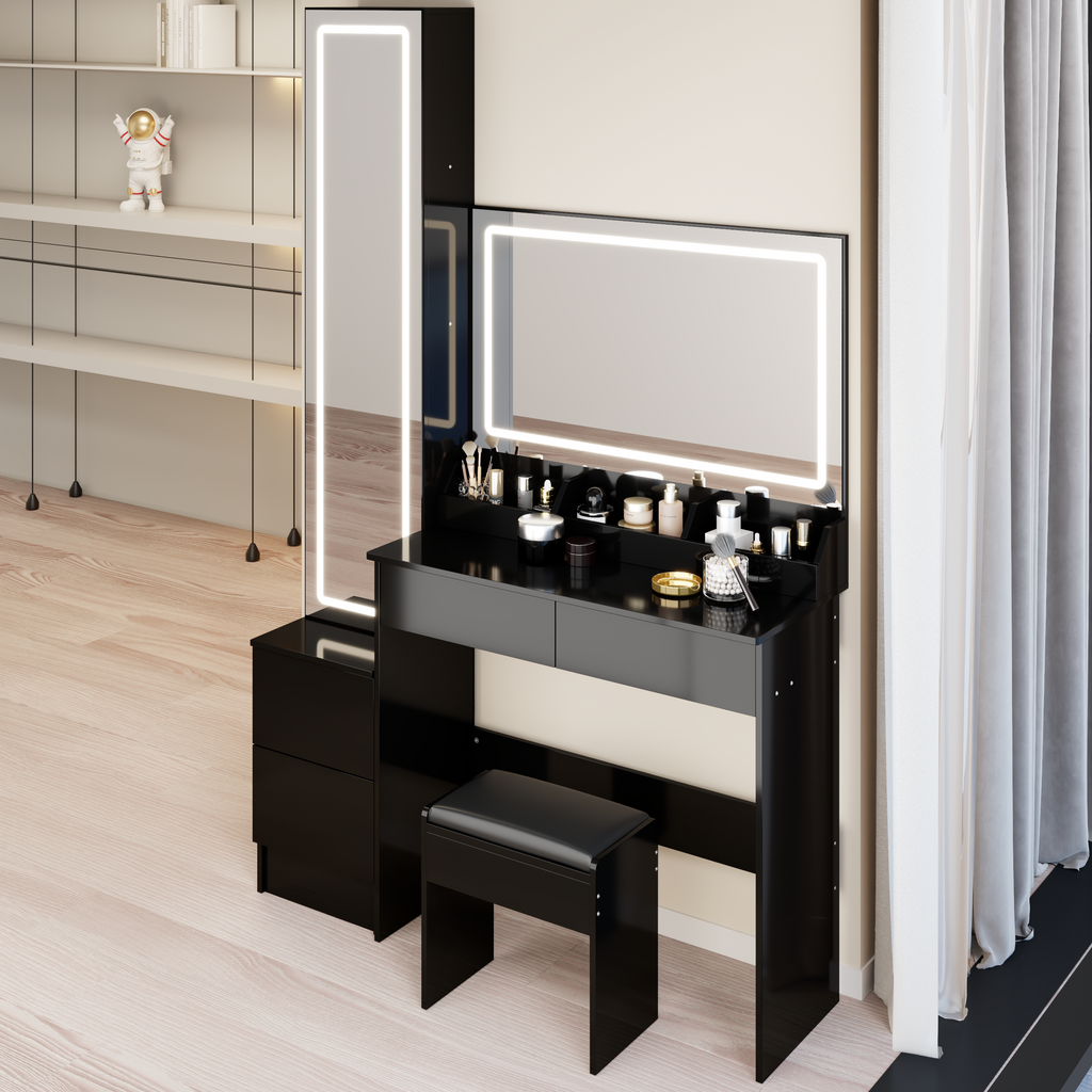 Extra Large LED Mirror Vanity Table + LED Dressing Mirror Cabinet + Cushioned Stool, Double Large LED Mirror, Touch Control, 3-color Switch, Brightness adjustable, Multi-layer High Capacity Storage