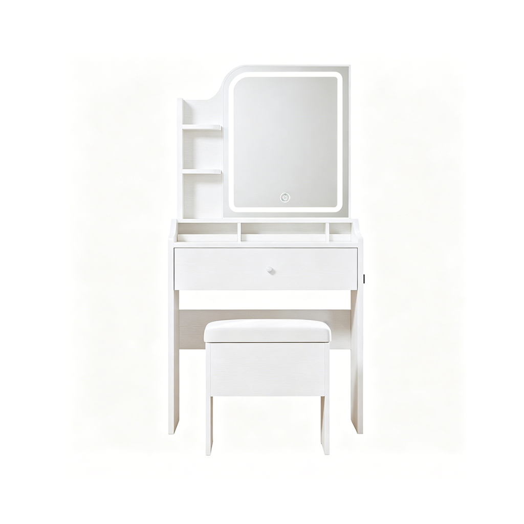 Cream White Smart LED Mirror Vanity Set with Storage for Bedrooms, Dorms, and Living Rooms - MDF Modern Design