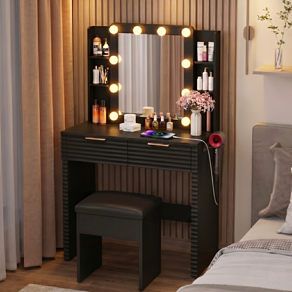 Makeup Vanity Desk with 10 Hollywood Bulbs, Fluted Dressing Table with Charging Station, 2 Drawers and 4 Open Shelves, Hairdryer Holder, Padded Stool with Storage , Black