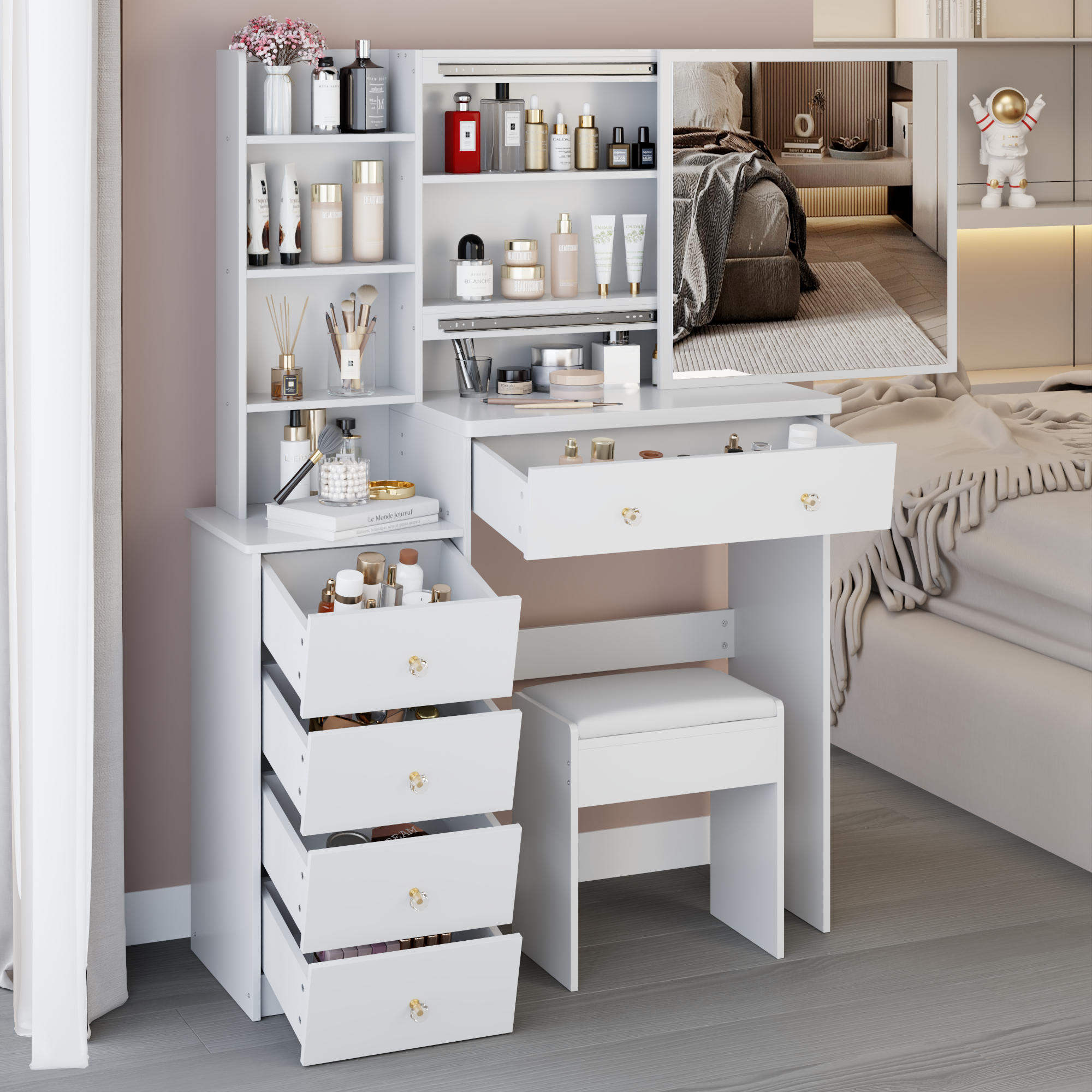 37' Left Bedside Cabinet Dressing Table + Cushioned Stool, Extra Large Right Sliding Mirror, Multi Layer High Capacity Storage, Practical Fashionable Makeup Vanity Table Set, EPA, GCC, UL Certificate