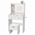 Small Makeup Vanity Desk with Sliding Mirror & Dimmable LED Lights, White Vanity Table with 2 Drawers, Hidden Storage, Power Outlets, USB Ports & Hair Dryer Holder for Bedroom White